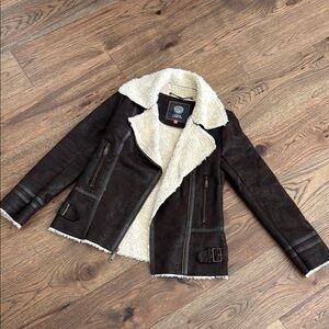 Vince Camuto Brown Suede and Cream Sherpa  Jacket